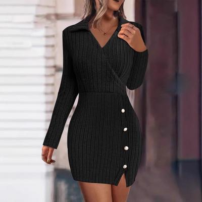 Women's Autumn and Winter Solid Color Long-sleeved V-neck Tight-fitting Short Dress