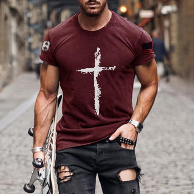2024 Summer Retro Cross Pattern New Short Sleeved Round Neck Printed Men's T-shirt