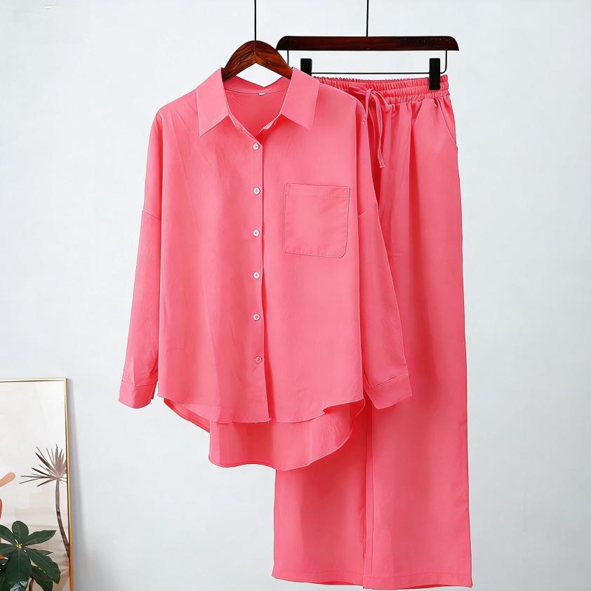 South East Asia Autumn and Winter Large Size Loose Elastic Wrinkle Long Sleeve Shirt Wide Leg Pants Fashion Casual Sports Suit