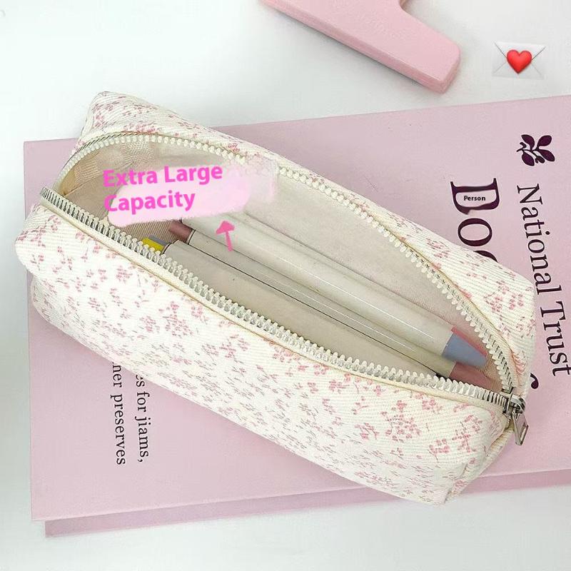 1Pcs Large Capacity Pencil Pouch Pink Small Floral Pencil Case Handheld Pen Bag Cosmetic Portable Gift For Office School Teen