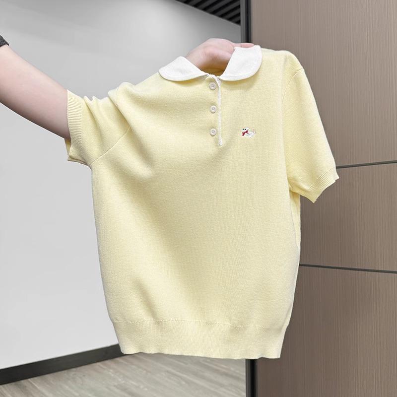 Super Good-looking Cute Embroidered POLO Neck Knitted Sweater Women's Summer New Button Pullover Slim-fitting Front Shoulder Short-sleeved