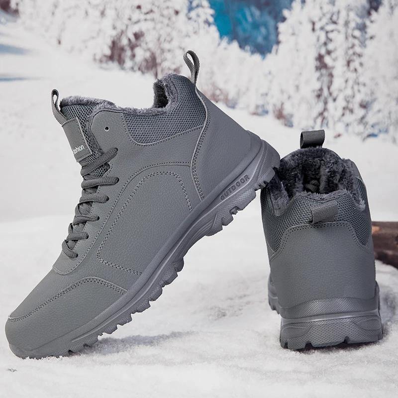 Men Snow Boots Winter Plush Warm Cotton Boots Waterproof Leather Boots for Men Outdoor Non Slip Trekking Boot Casual Ankle Botas