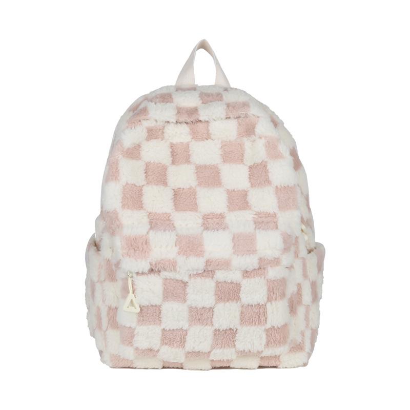 School Bag, Autumn and Winter New Plush Checkered Backpack, Women's Versatile Student Backpack, Casual Fashion Travel Large-capacity Backpack