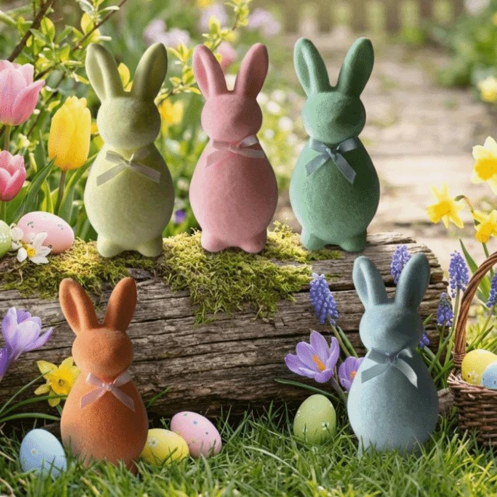 Plush Easter Bunny Statue with Bow Rabbit Gnome Doll Easter Holiday Bunny Sculpture Indoor Table