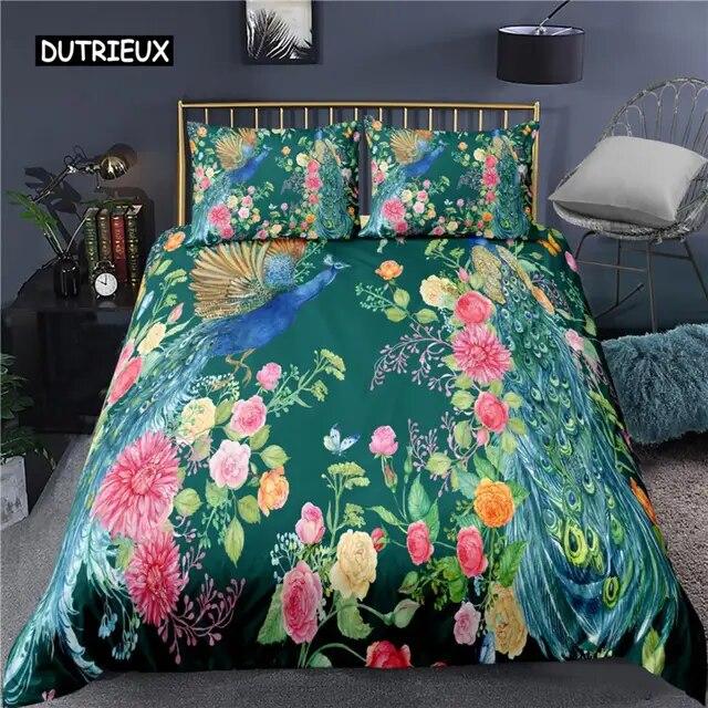 Peacock Duvet Cover Plum Blossom Decor Bedding Set King Size Crane Peacock Feather Floral Pattern Romantic Polyester Quilt Cover  Three-piece Set