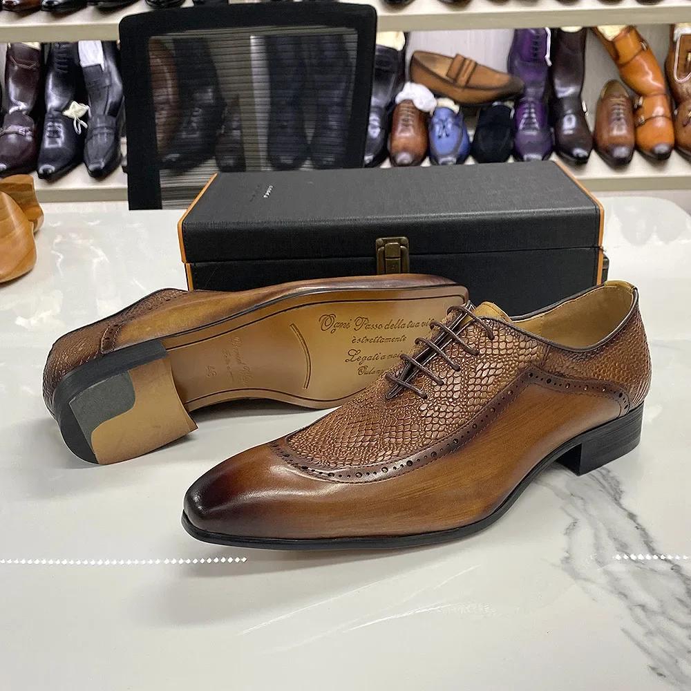 Fashion Men's Genuine Leather Pointed Toe Dress Shoes Lace-Up Formal Business Oxford In Black/Brown Luxury Elegant Footwear