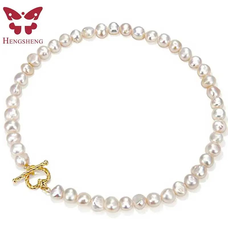 HENGSHENG Cultured Pearl Choker 7-8.5mm Handpicked Pearls Strand Necklace for Women Jewelry Gold Love Heart Clasp