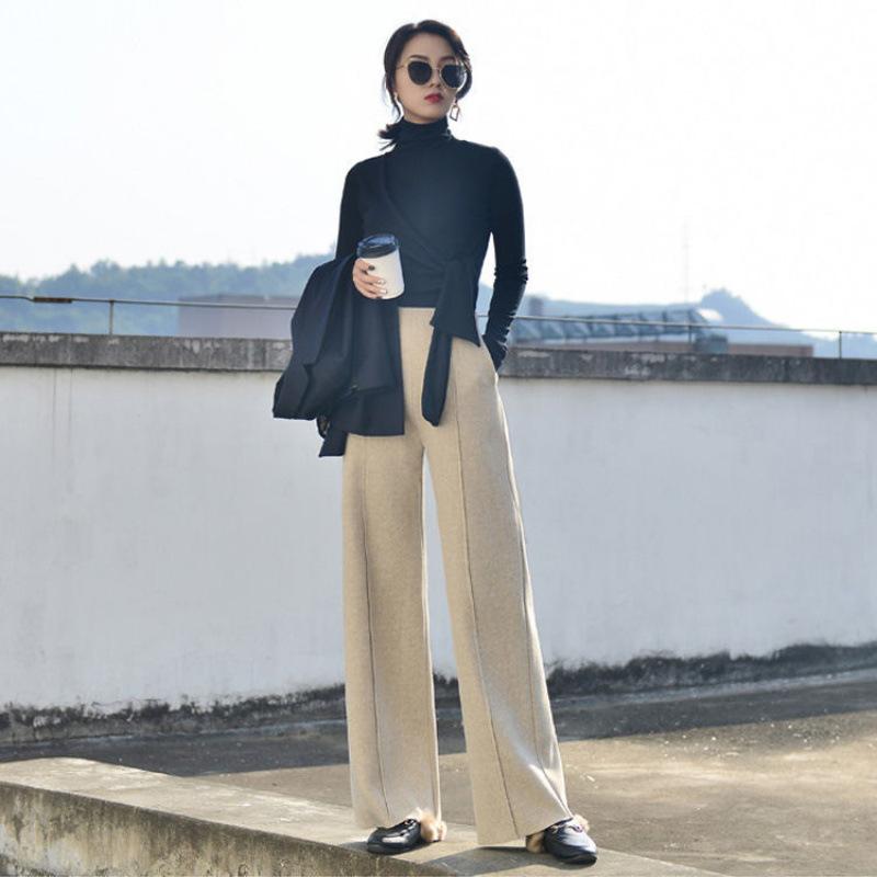Elegant Woolen Wide-leg Pants for Women in Autumn and Winter, High-waisted Women's Pants, Casual Pants, Straight-leg Loose and Drape Long Pants