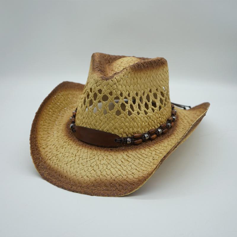 Ethnic Bohemian Hand-Woven Tie-Dye Bead Chain Denim Top Hat Men'S And Women'S Summer Vacation Beach Sunscreen Straw Hat