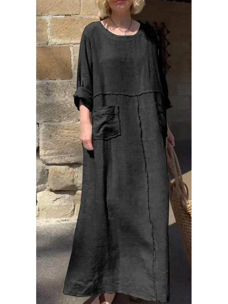 2026 Grenzüberschreitendes Sommer-Freizeitkleid für Damen, Rundhalsausschnitt, Baumwoll-Leinen, Langarm, mit Falten und doppelten Seitentaschen