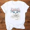 Cute Cat Pattern Crew Neck Short Sleeve White T-Shirt Women's Fashion Modal Material Cross-Border Wish Ebay Floral Print Top