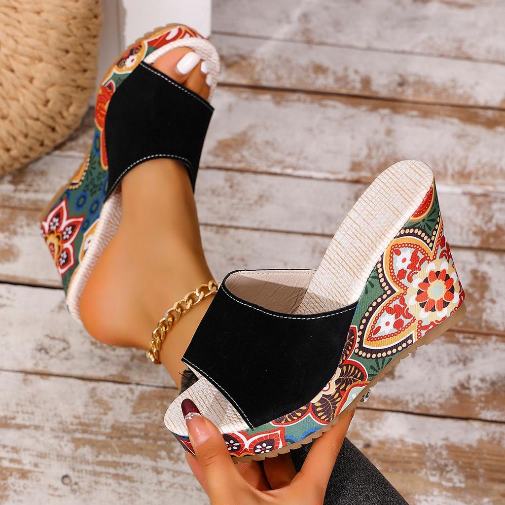 Women's Wide Width Floral Print Platform Mules - Peep-Toe Comfort Wedge Heels for Summer, Fashion Chunky Heel Slides
