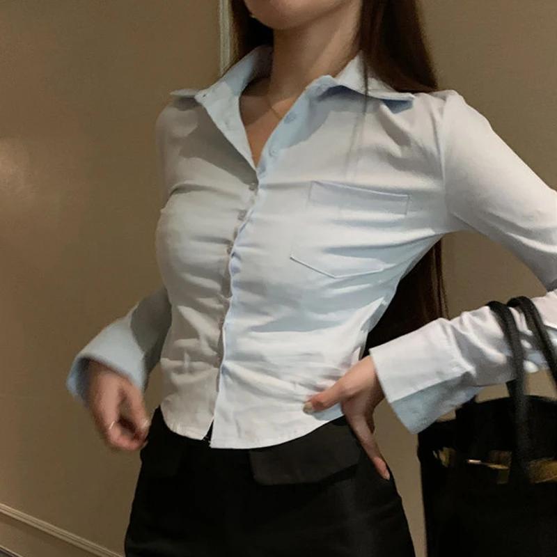 Koreansk Hvit Kontordame Chiffonskjorte Lomme Knapper Revers Damebluse Vår Pendler Langermet Ny Kvinne Crop Topper