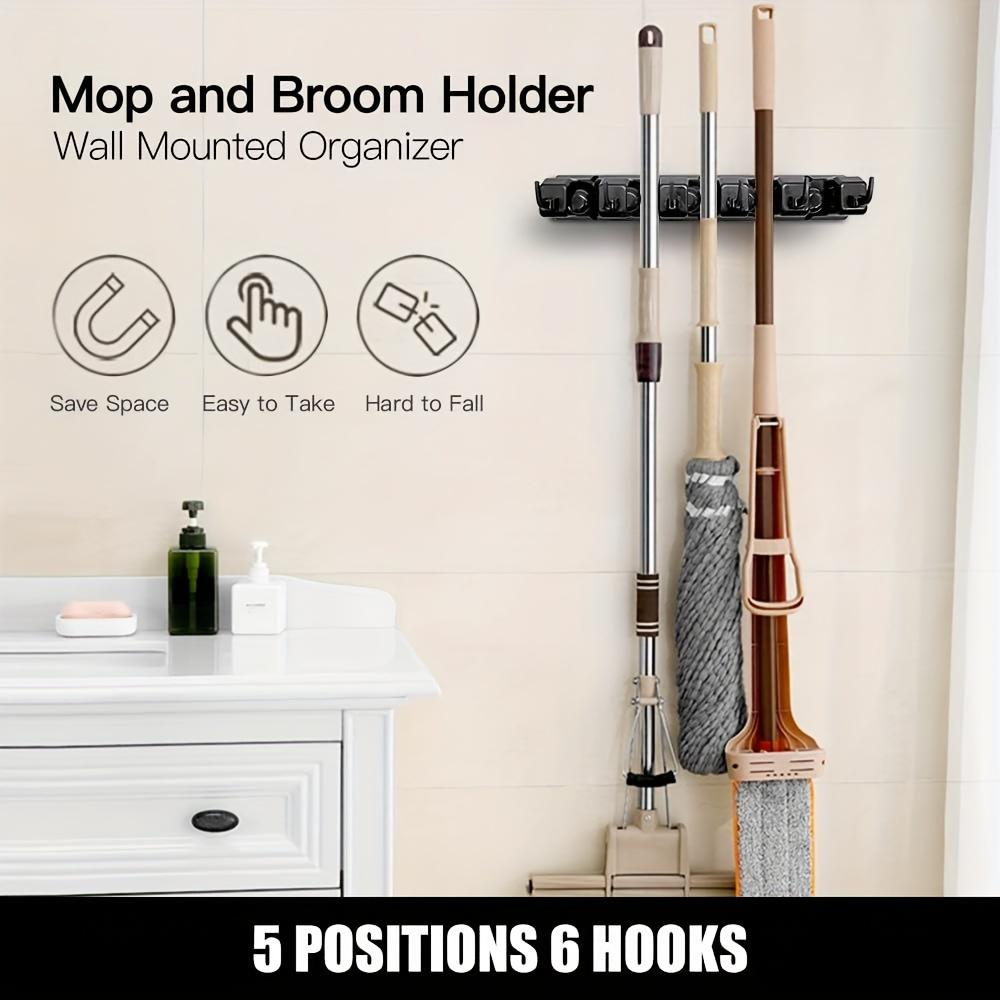 1pc Broom & Mop Holder, Wall Mounted Garden Tool Organizer, Garage Organization And Storage Utility Rack, 5 Slots & 6 Hooks