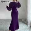 Women's Elegant Stand Collar Mesh Lace Crushed Diamond Long Sleeve Ruched Waist Tailored Evening Gown Dress