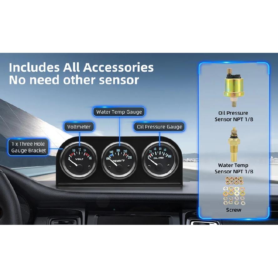 52mm Triple gauge 3 in 1 Volt Meter + 100-250℉ water Temp Gauge+0-100psi Oil Pressure Gauge & Oil Temperature Gauge With Sensor