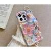Blue Floral Oil Painting Phone Case with Wrist Strap for iPhone 15 Pro Max and Apple 14 Pro