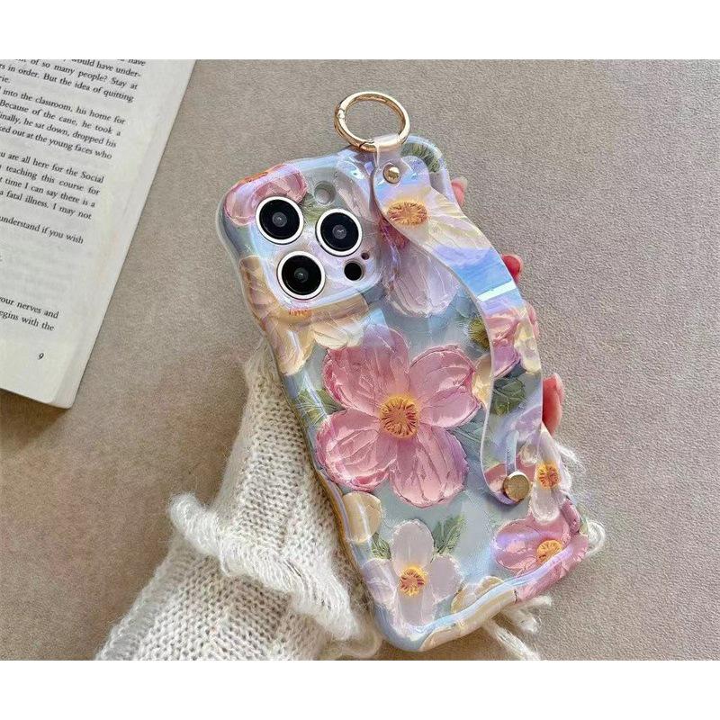 Blue Floral Oil Painting Phone Case with Wrist Strap for iPhone 15 Pro Max and Apple 14 Pro