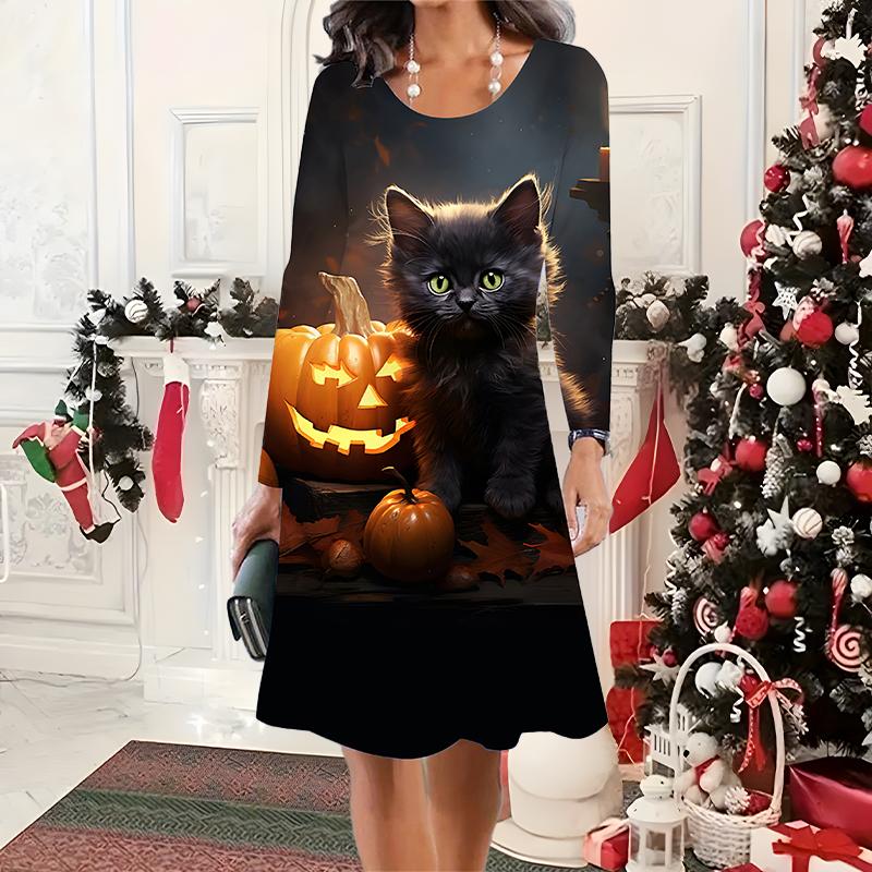2025 Herbst & Winter Damen Neues Lässiges Rundhalskleid 3D Halloween Muster Ideales Halloween Weihnachtsgeschenk