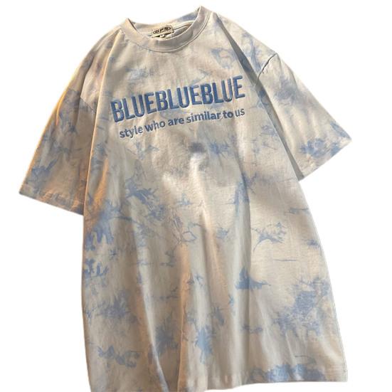 

Модная женская футболка с вышитыми буквами и принтом тай-дай, короткие рукава, свободная блузка M синий