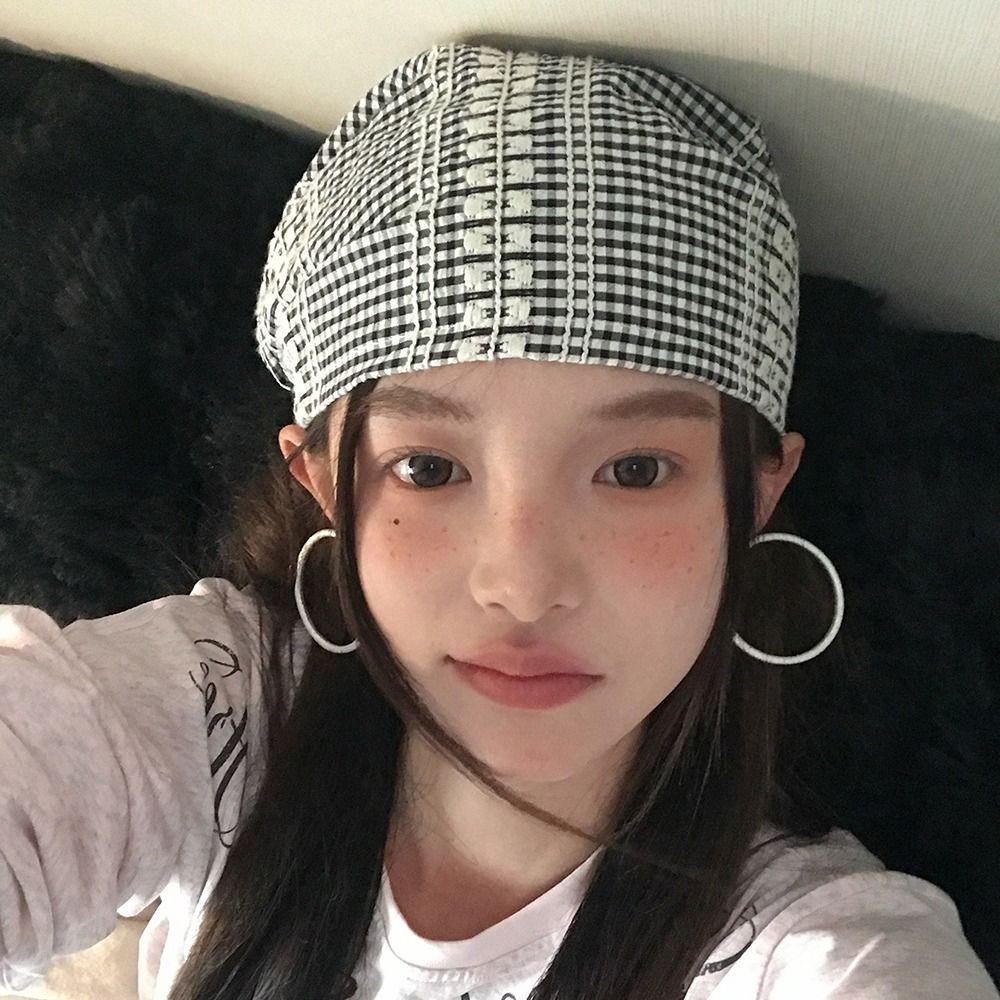 Spring Summer Strappy Bandana Cap Plaid Beanie Hats Vintage Headscarf Hat  Women Men