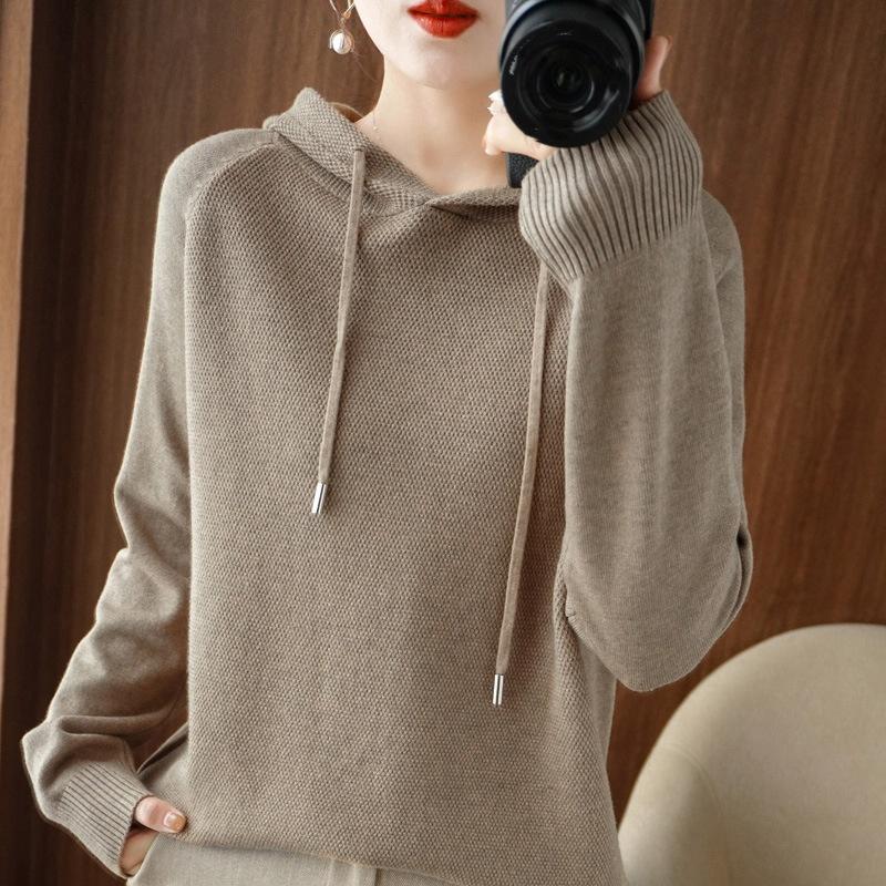 Suéter com Capuz Feminino Primavera e Outono Moletom Camiseta Básica com Suéter Tricotado Casual Tamanho Grande Suéter com Capuz Feminino
