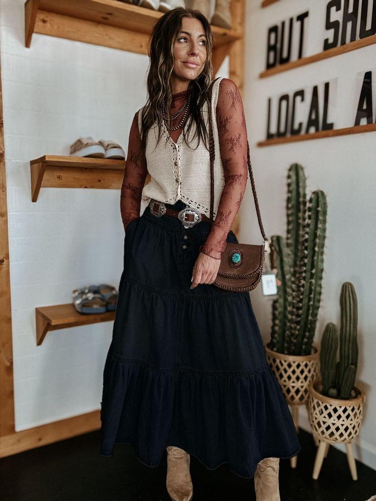 25-Year Anniversary Bohemian A-line Tiered Denim Midi Skirt 8922