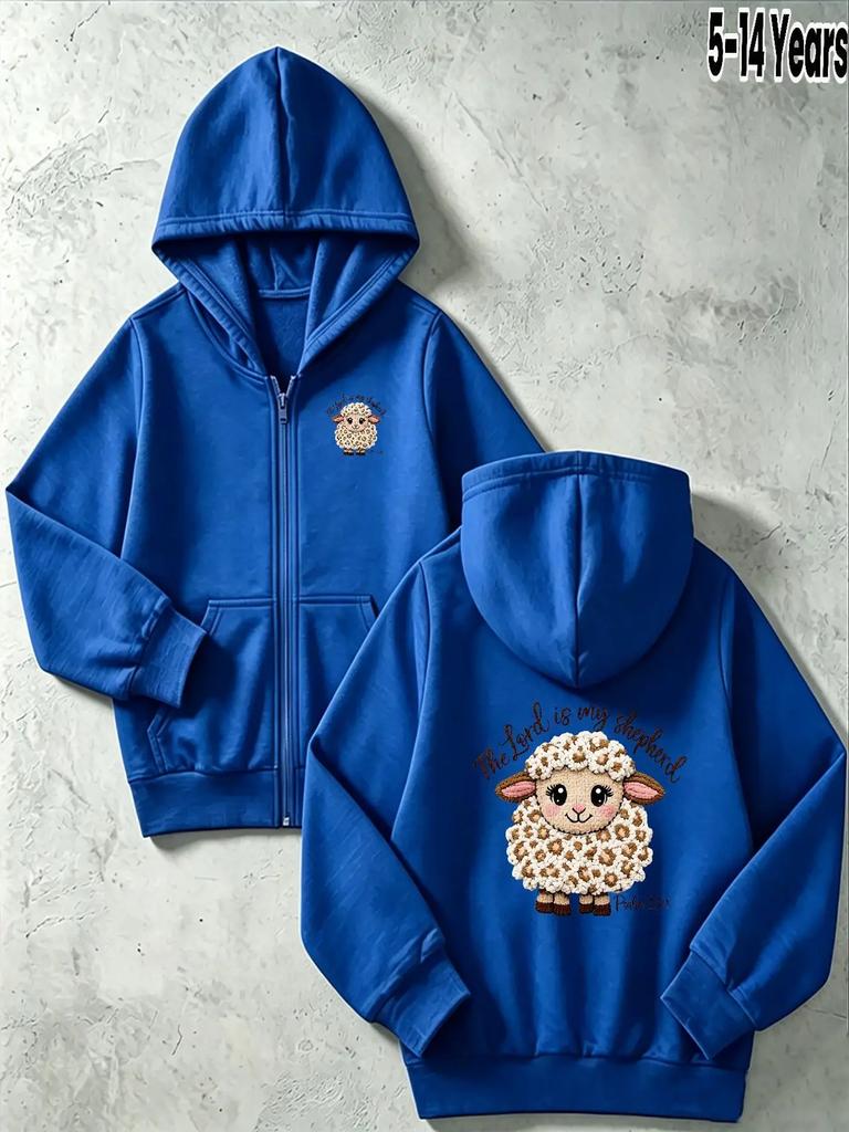 Kids Zip Up Hooded Jacket Cute Lamb Letter Print Long Sleeve Casual Hoodie For Boys Girls 5-14 Years Daily Outfit