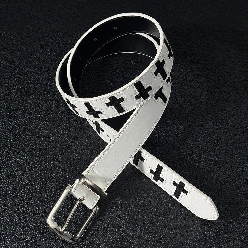 Black White Punk Women Men Belt PU Leather Y2K Retro Pin Buckle Belt Hip Hop Cross Pattern Streetwear Waist Belt For Jeans