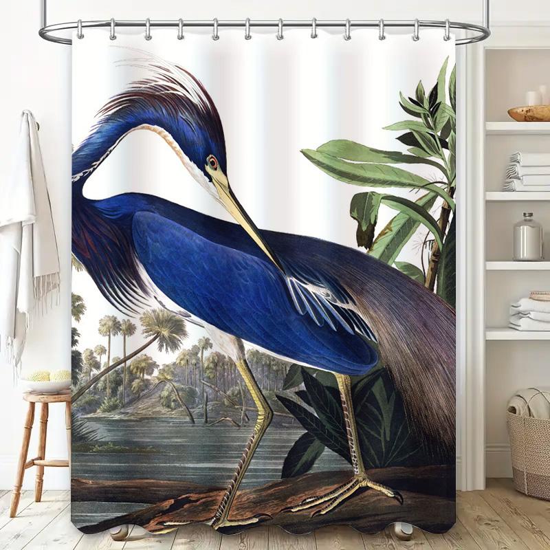 Decorative Blue Heron Shower Curtain Floral Print Bath Room Decor Waterproof Fabric Modern Home Decoration for Bathtub and Kitch