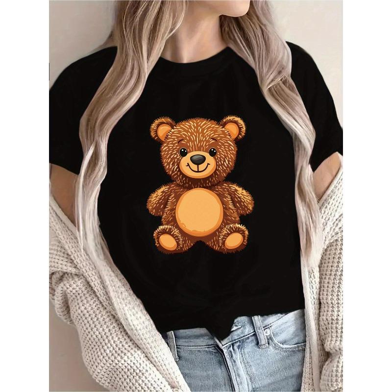 European Size Women's Cute Yellow Teddy Bear Graphic Tee - Casual Short Sleeve Crew Neck, Spring/Summer Collection, Versatile Streetwear for Women,