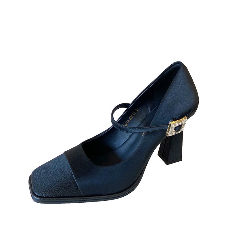 Fashion Women's Fashion Thick Heel Shoes Spring New Square Head Shallow Mouth Splicing A Word with Anti-slip Wear-resistant High Heels
