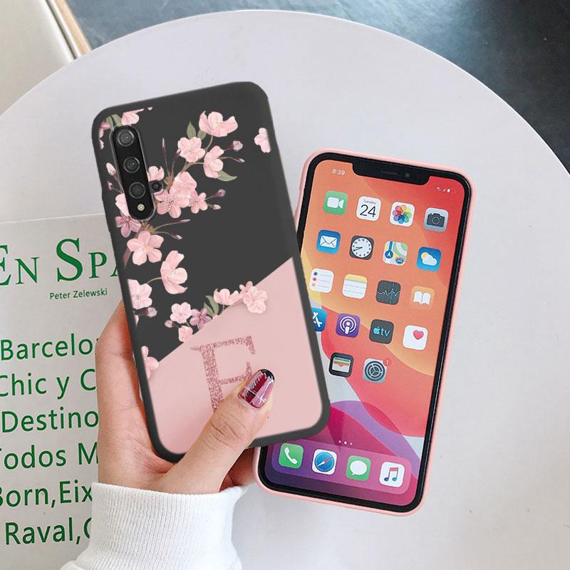 Initial Letter Silicone Case For Huawei Nova 5T Shell Retro Pink Flower Soft TPU Back Cover For Huawei Nova5T Capa Cute Coque
