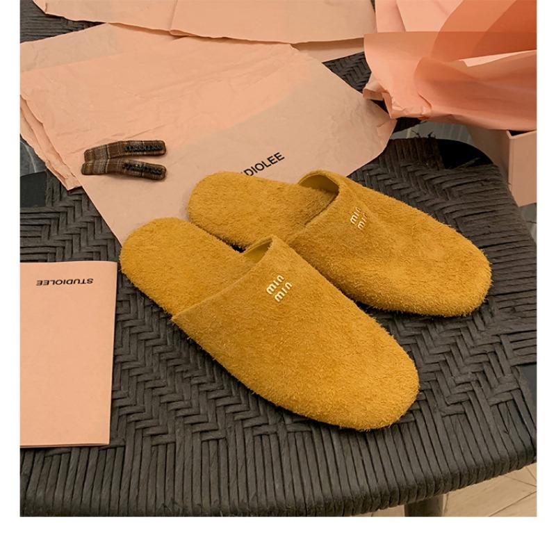 Sheepskin Version~ Wearing Miu Fashionable Bag Head Lazy One Pedal Flat-bottomed Slippers Women's Leather Half Slippers Sandals