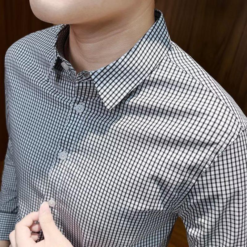 Camicia a quadri autunnale Versione coreana sottile maschile della camicia professionale da lavoro non stirata da lavoro Camicia da uomo versatile
