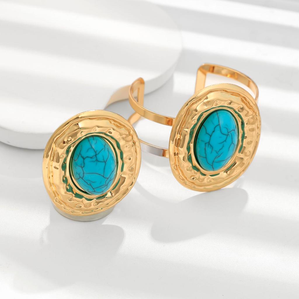 Gorgeous inlaid turquoise bracelet ring set women's exaggerated retro niche women's jewelry