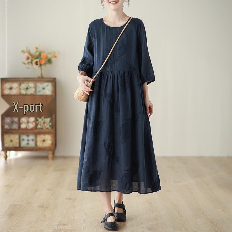 

Elegant Feather Embroidery A-Line Ramie Dress with Five-Point Sleeves XL