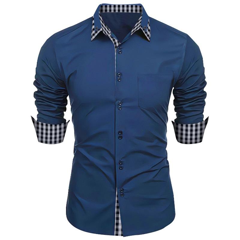 Fashionable Men's Spring Autumn Men's Plaid Color Matching Slim Casual Shirt Long Sleeved Shirt