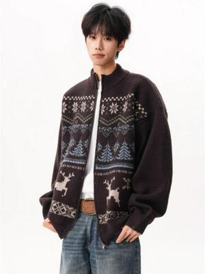 Unisex Retro Fair Isle Fleece Cardigan: Autumn/Winter Jacquard Knitwear with Color Blocking Design