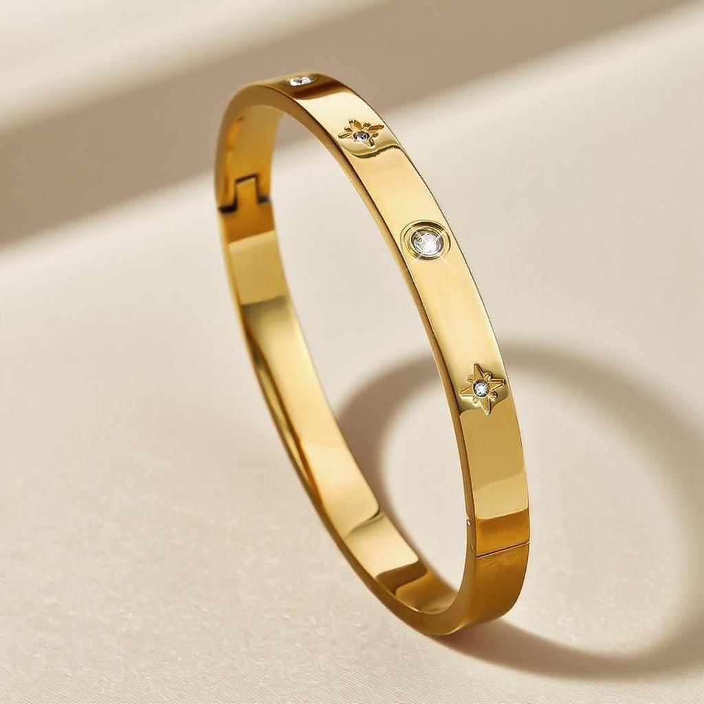 Titanium Steel Rhinestone Open Bangle with Eight-pointed Star Design - Fade-resistant Women's Bracelet