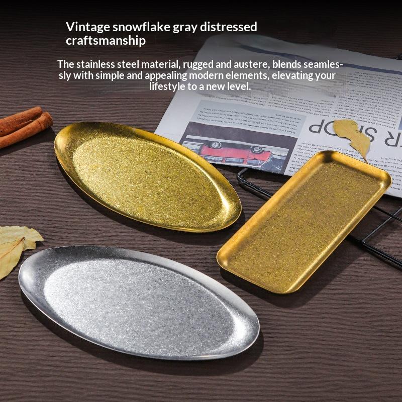 Retro Stainless Steel Trays, Sushi Plates, Snack Plates, Pastry Plates, Oval Shallow Trays, Industrial-Style Tableware