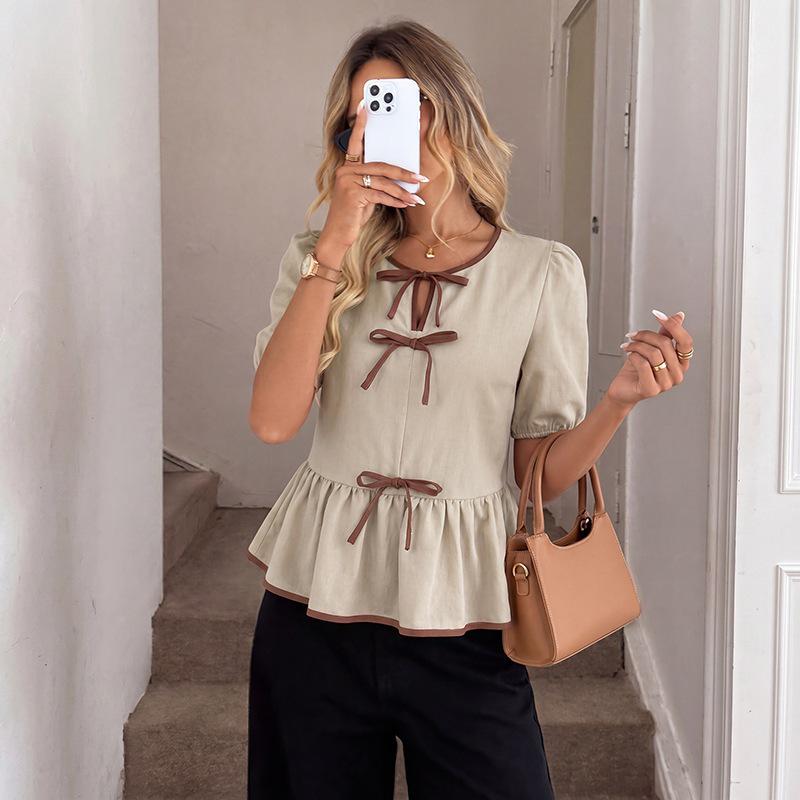 European & American Color Block Bow Tie Lace-up Pullover Short Sleeve Women's Top - Summer 2026.