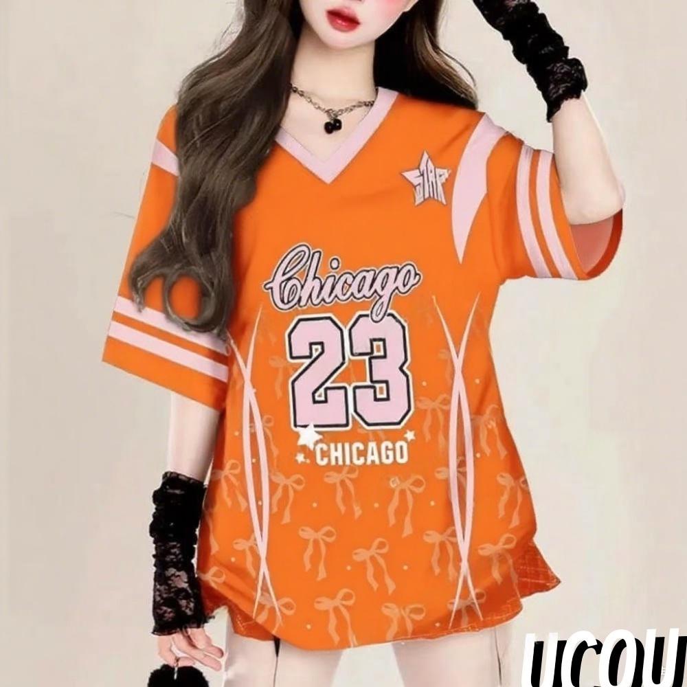 Summer Style Printed V-neck Women's Short-sleeved T-shirt, Baseball Jacket, Casual Top, Loose-fitting Women's Clothing