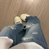 Retro Blue Holes Loose Straight Jeans Women's Early Fall Washed High-waisted Skinny Dragging Wide-legged Pants Retro Baggy Long Jeans for Ladies