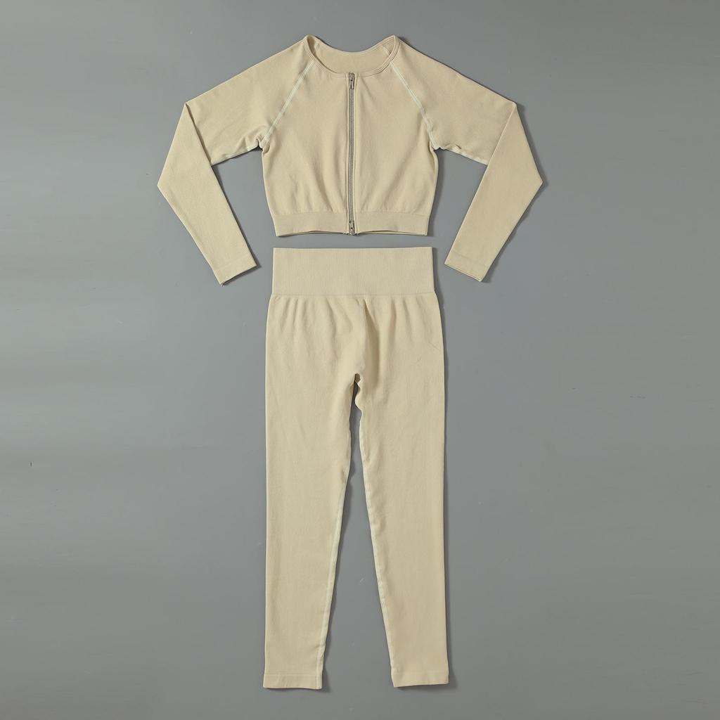 Auf Lager: Sandgewaschener Nahtloser Strick-Yoga-Anzug in Faux-Denim-Optik mit Doppelreißverschluss für Damen - Europäisches und Amerikanisches Langarm-Fitness-Set