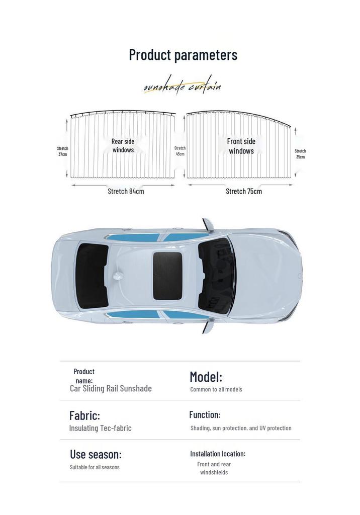 Car Window Sunshade with Sliding Rail and Heat Insulation