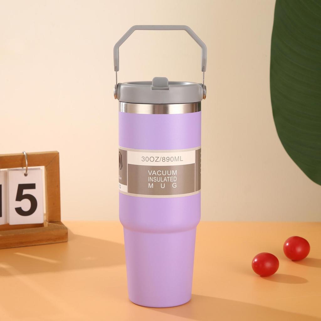 Large Capacity Insulated Stainless Steel Car Cup with Handle and Straw Lid