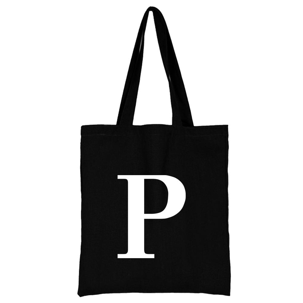 Women's Black Shopping Bag Casual Large-capacity White Letters Initial Name Pattern Printing Series Canvas Shoulder Bag Reusable