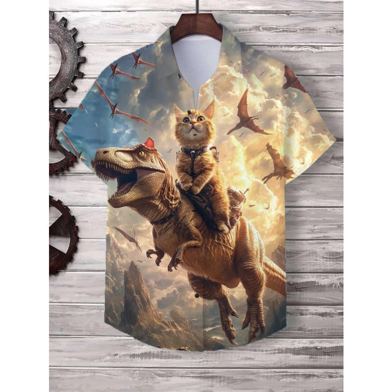 Herren Katzen Grafik Shirts Kurzarm Button-Down Revershemd für Sommer Übergroße Oberteile Urlaub Lässig Hawaiianhemden