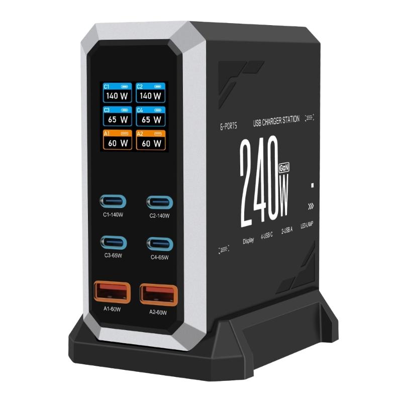 240W Charging Adapter 6 In 1 140W USB Type C Digital Display Fast Charging Station for Mobile Phone Laptop Electronics